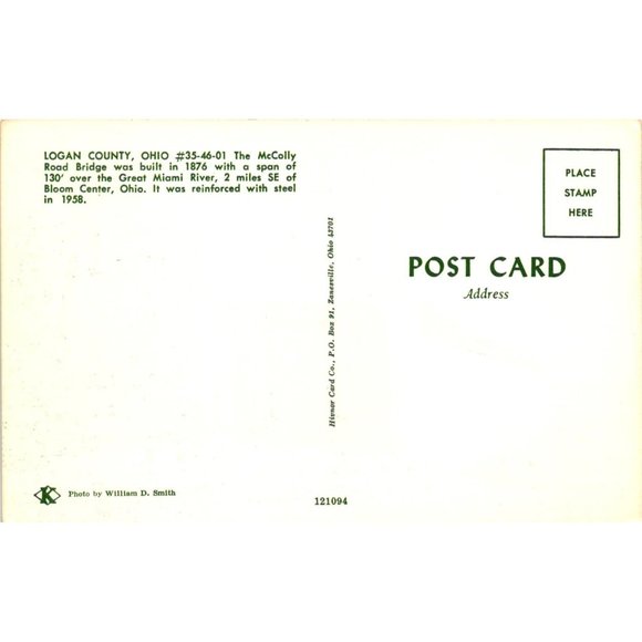 Logan County White Covered Bridge Postcard Ohio Travel Souvenir Unposted Vintage - Picture 2 of 2